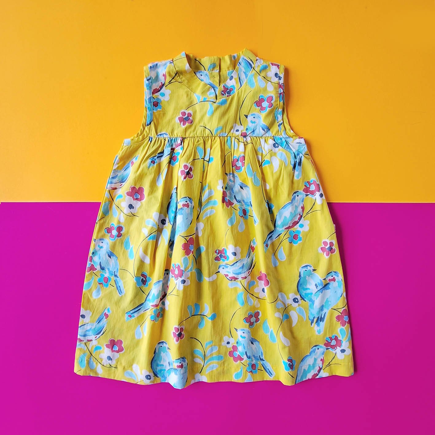 BUTTONS BACK YELLOW BIRDS DRESS 100% PRINTED COTTON