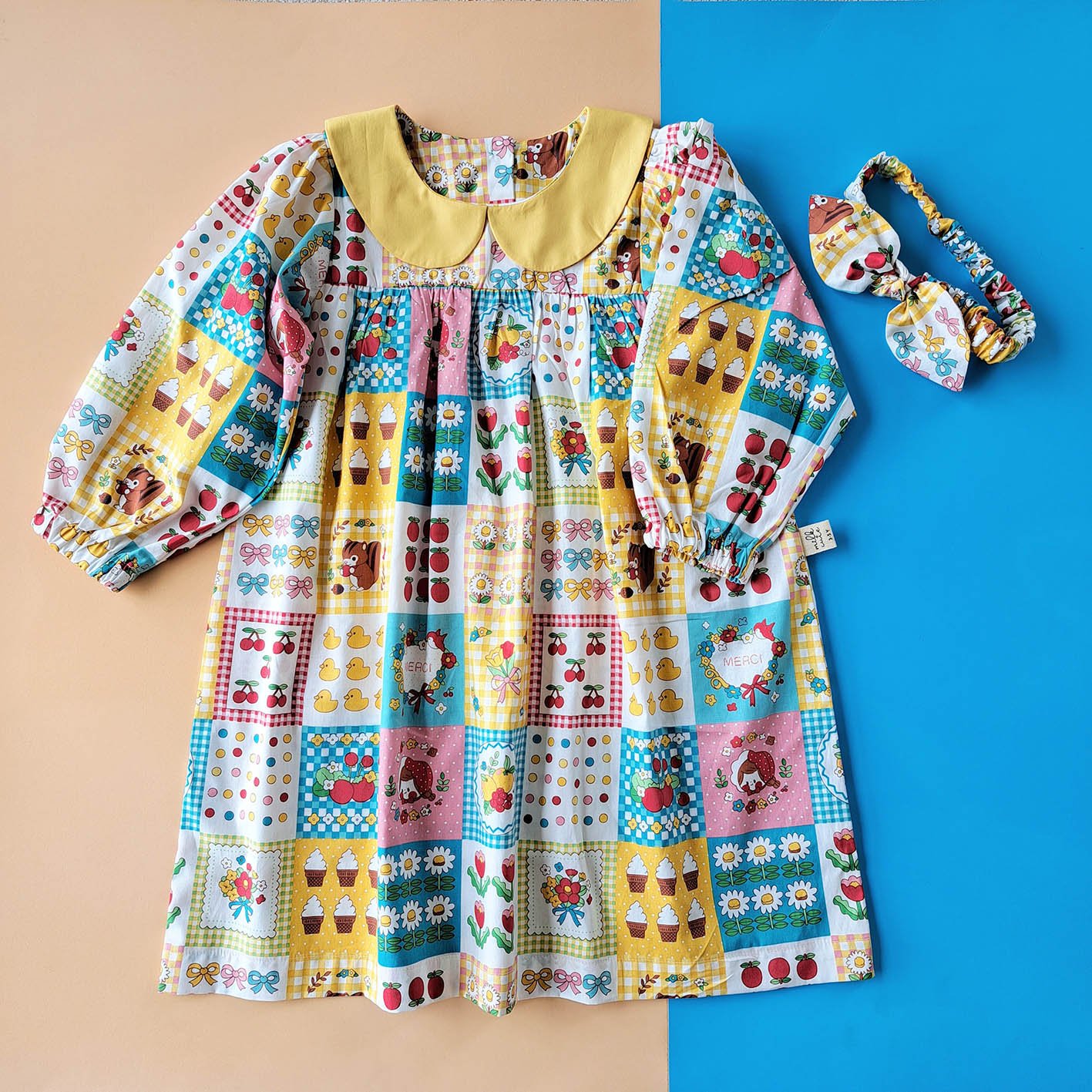 BUTTONS BACK PETER PAN COLLAR LONGSLEEVES MERCI DRESS 100% PRINTED COTTON*HEADBAND NOT INCLUDED