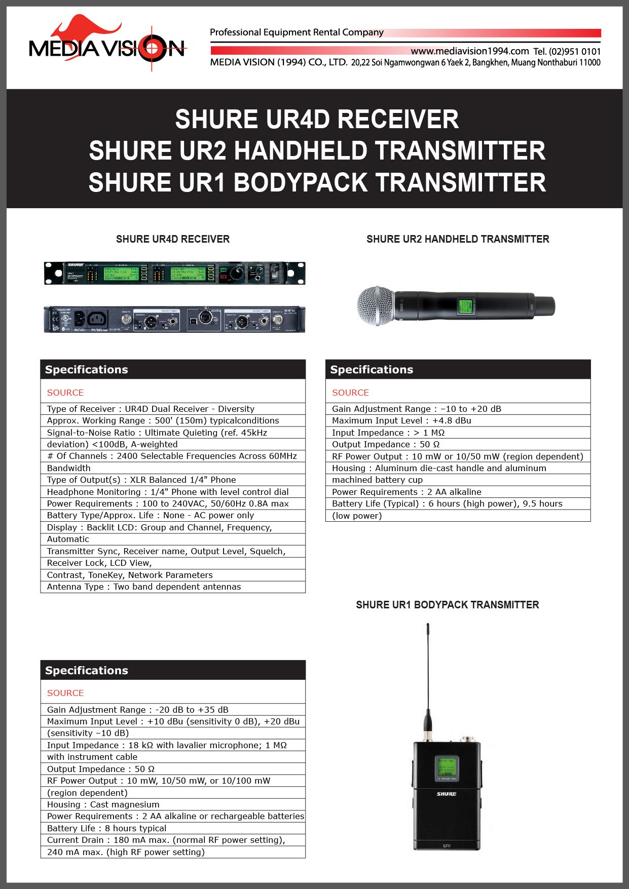 SHURE UR4D RECEIVER, SHURE UR2 HANDHELD TRANSMITTER, SHURE UR1 BODYPACK TRANSMITTER
