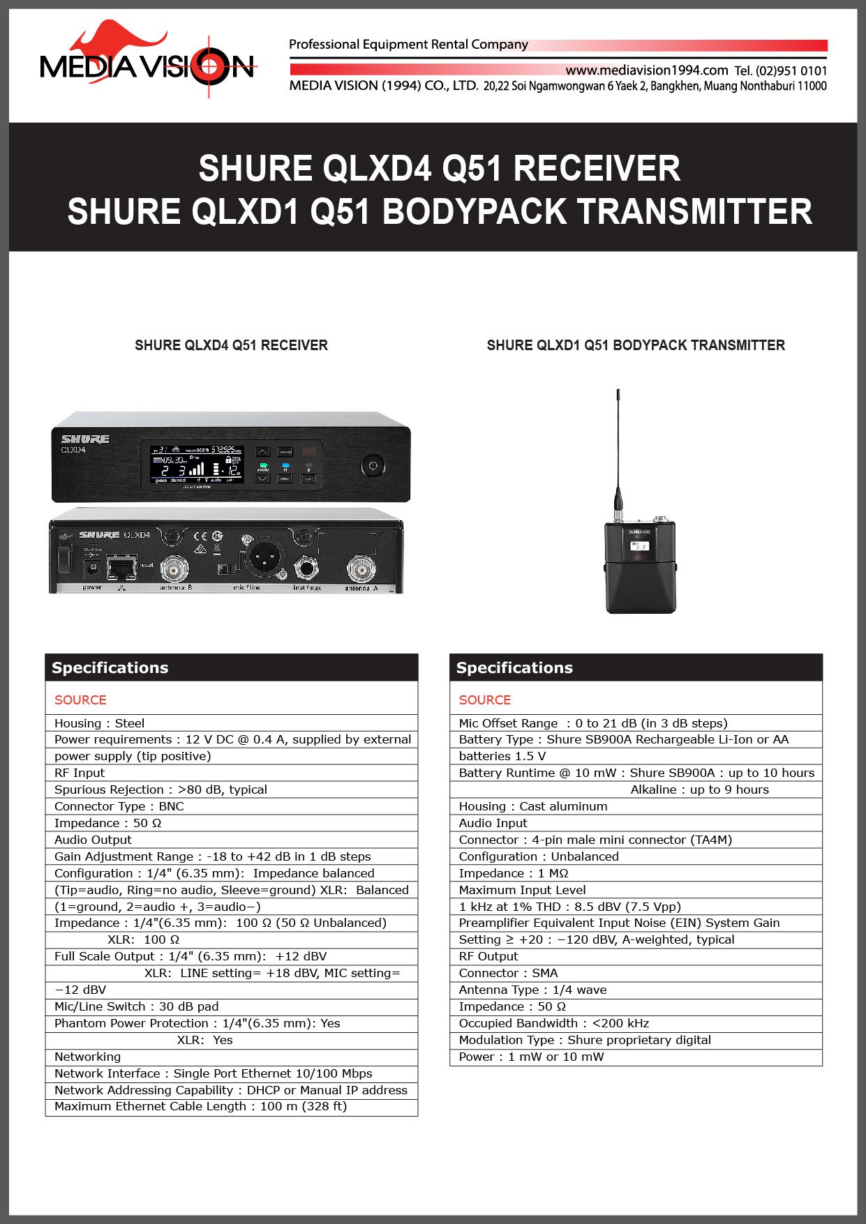 SHURE QLXD4 Q51 RECEIVER, SHURE QLXD1 Q51 BODYPACK TRANSMITTER