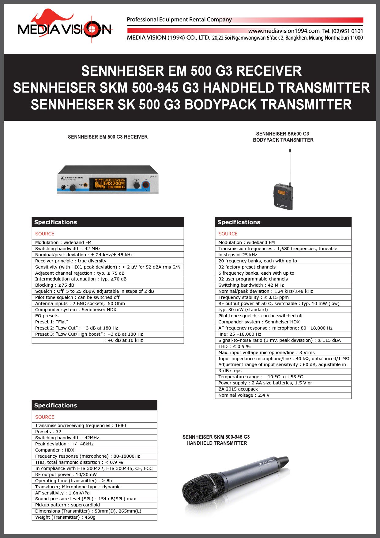 SENNHEISER EM 500 G3 RECEIVER , SENNHEISER SKM 500-945 G3 HANDHELD TRANSMITTER, SENNHEISER SK 500 G3 BODYPACK TRANSMITTER