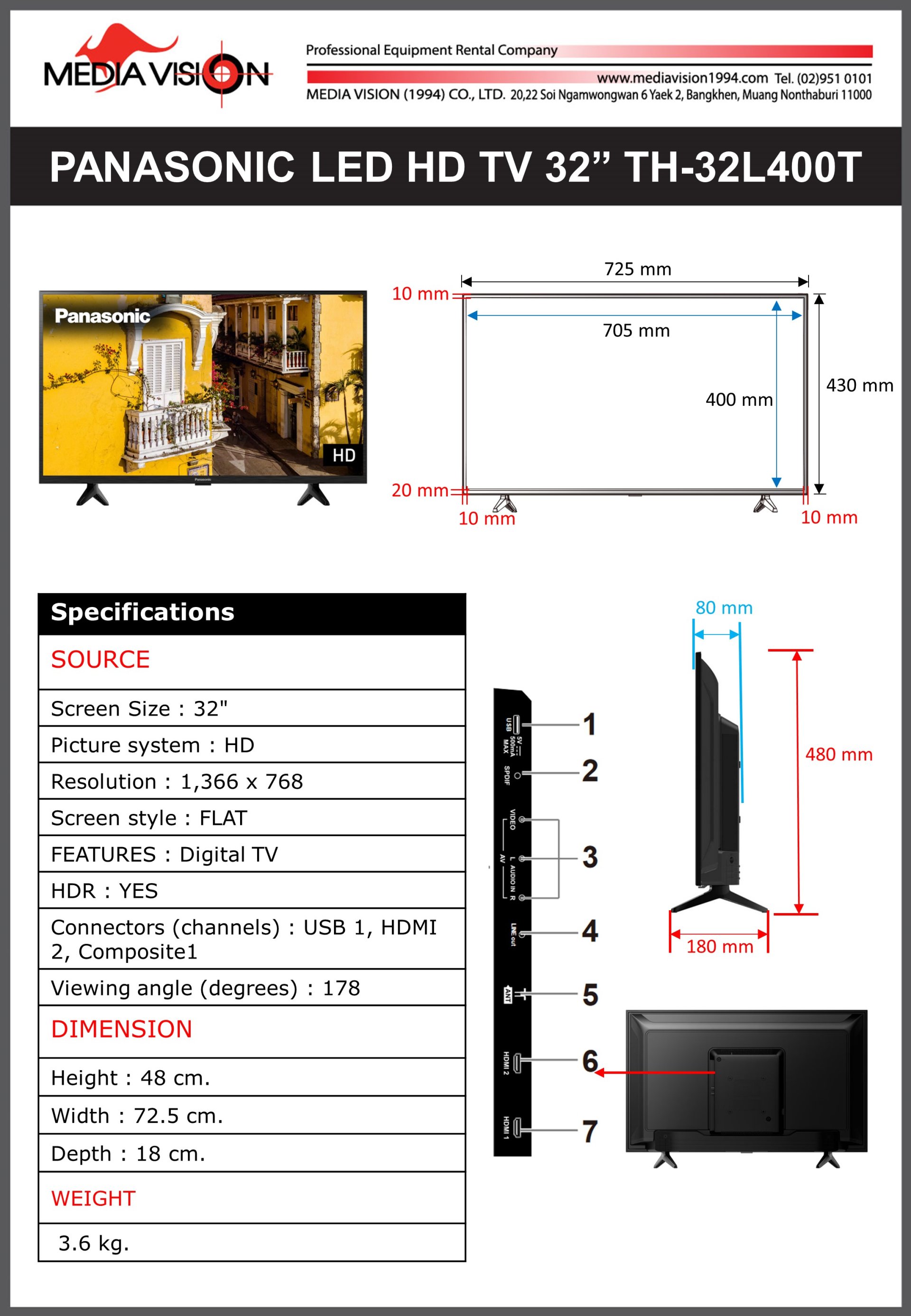 PANASONIC LED HD TV 32" TH-32L400T