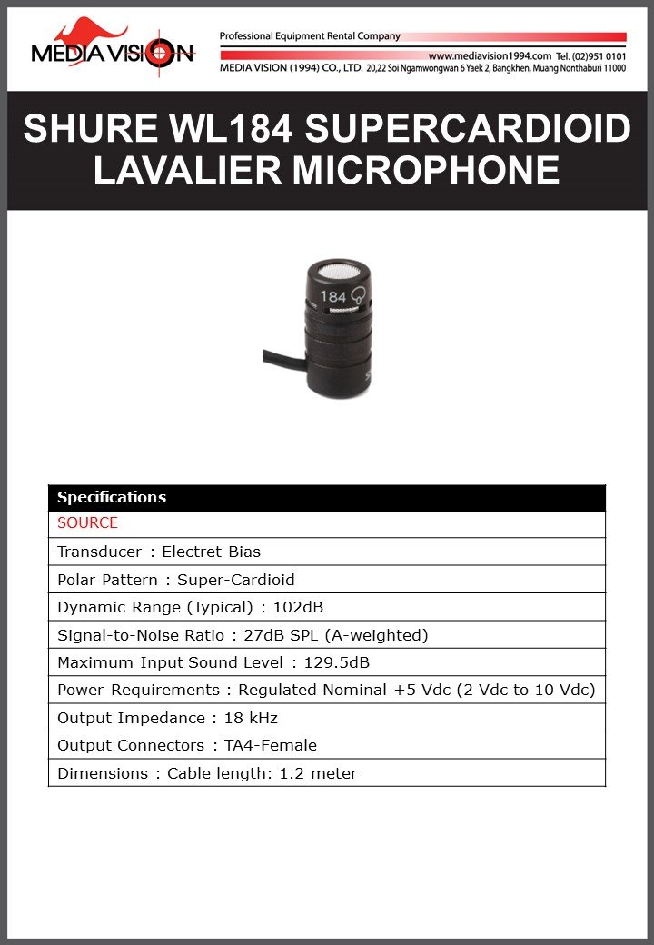 SHURE WL184 SUPERCARDIOID LAVALIER MICROPHONE