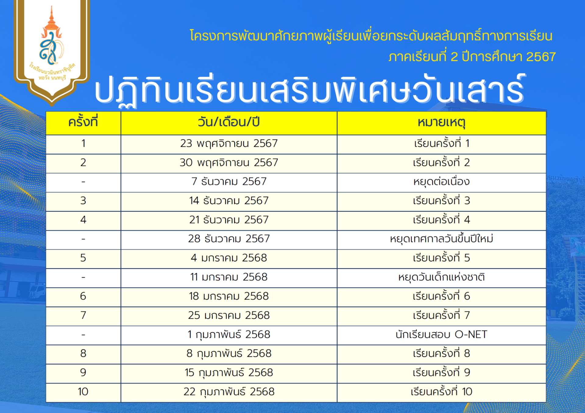 ประกาศรายชื่อนักเรียน ตารางเรียน การเรียนเสริมพิเศษวันเสาร์ ภาคเรียนที่ 2 ปีการศึกษา 2567 ห้องเรียนปกติและห้องเรียนพิเศษ