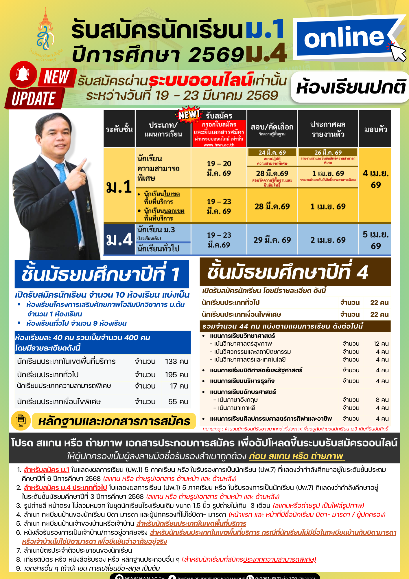 ประกาศ การรับนักเรียนชั้นมัธยมศึกษาปีที่ 1 และชั้นมัธยมศึกษาปีที่ 4 ปีการศึกษา 2569