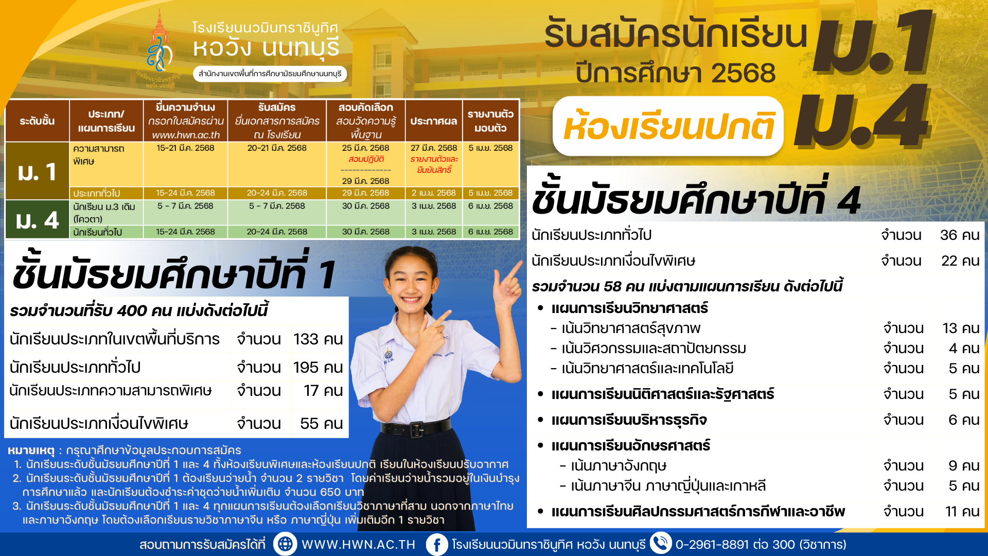 ประกาศ การรับนักเรียนชั้นมัธยมศึกษาปีที่ ๑ และชั้นมัธยมศึกษาปีที่ ๔ ปีการศึกษา ๒๕๖๘ ประกาศ การรับนักเรียนชั้นมัธยมศึกษาปีที่ ๑ และชั้นมัธยมศึกษาปีที่ ๔ ปีการศึกษา ๒๕๖๘