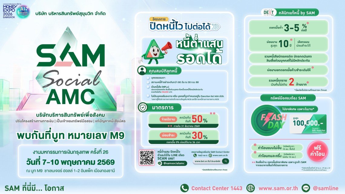 SAM ชูโครงการ ปิดหนี้ไว ไปต่อได้ ร่วมงาน Money Expo Bangkok 2026 ยกโซลูชันแก้หนี้ครบวงจร ให้คนไทยเริ่มต้นใหม่ทางการเงินอย่างยั่งยืน พร้อมเปิดโอกาสลงทุนผ่านทรัพย์ NPA และมาตรการช่วยลูกหนี้ NPL