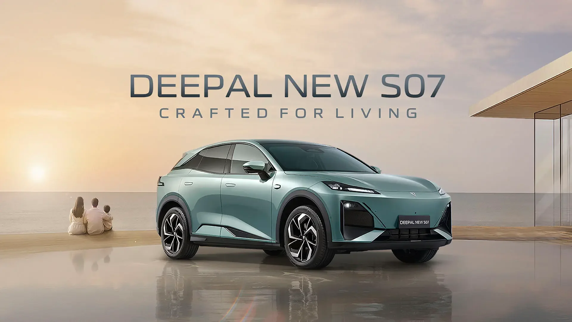 DEEPAL NEW S07 ภายนอกสีเขียว Nebula Green บรรยากาศริมทะเล