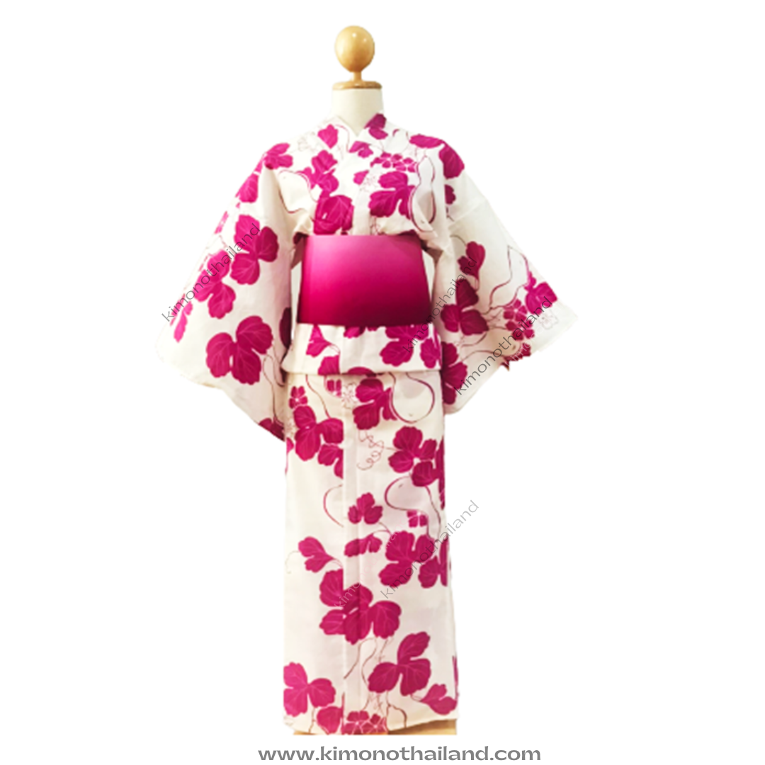 【เช่า】ชุดยูกาตะสีชมพูบานเย็น