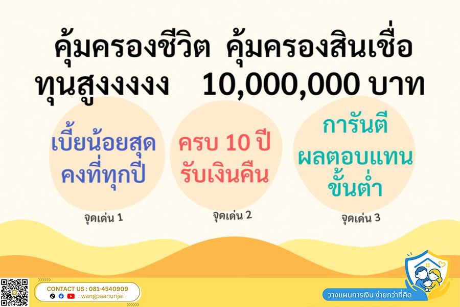 ประกันชีวิต คุ้มครองสูงถึง 10,000,000 เบี้ยน้อย จ่ายคงที่ หลัง 10 ปี รับเงินเท่ามูลค่าการลงทุนคืน
