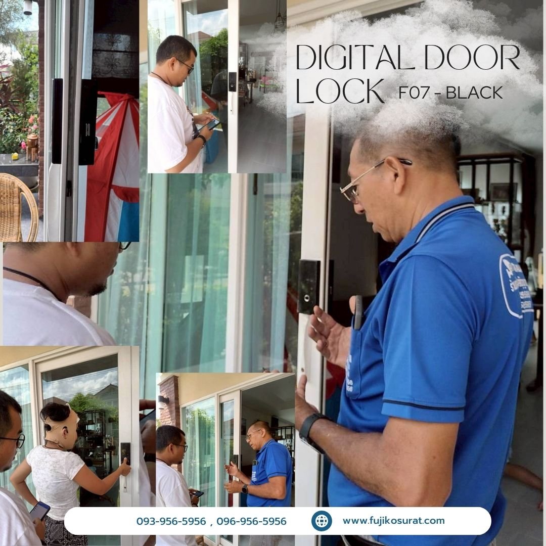 การติดตั้งกลอนประตูดิจิตอล แบบบานเลื่อนชนกลาง ประเภทบานวินเซอร์ : โครงการศุภาลัยการ์เด้นวิลล์ สุราษฎร์ธานี