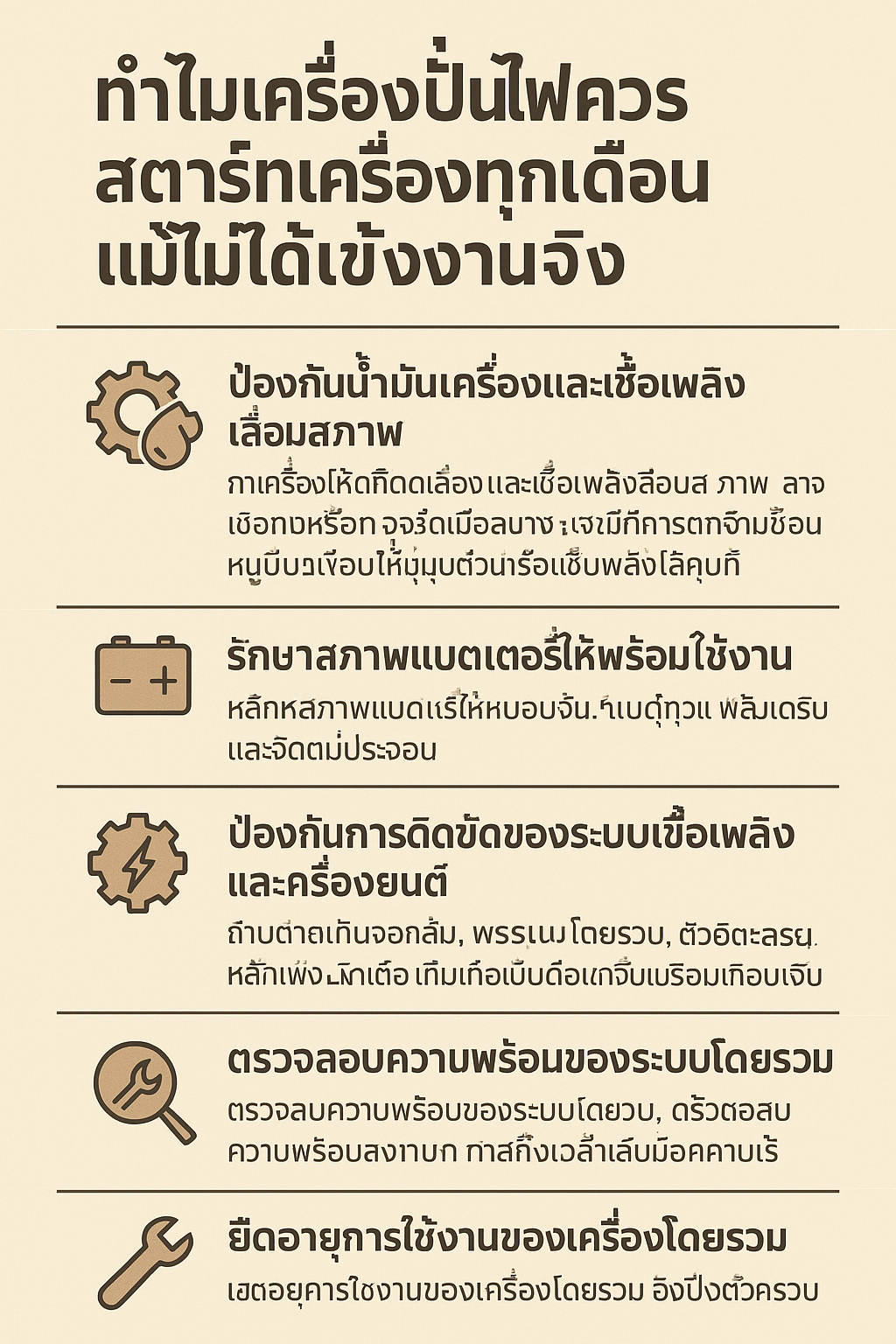 ทำไมเครื่องปั่นไฟควรสตารืเครือ่งทุกเดือน แม้ไม่ได้ใช้งานจริง ทำไมเครื่องปั่นไฟควรสตารืเครือ่งทุกเดือน แม้ไม่ได้ใช้งานจริง