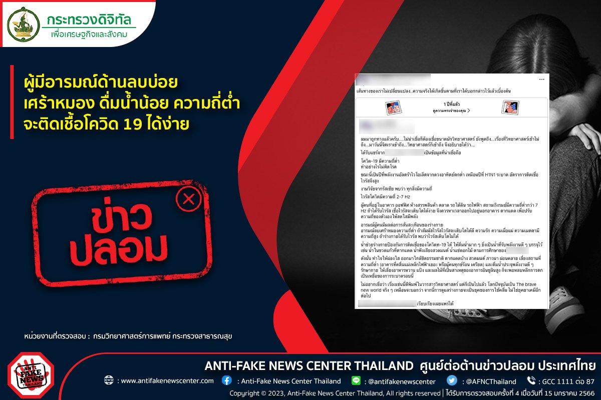 ข่าวปลอม อย่าแชร์! ผู้มีอารมณ์ด้านลบบ่อย เศร้าหมอง ดื่มน้ำน้อย ความถี่ต่ำ จะติดเชื้อโควิด 19 ได้ง่าย ข่าวปลอม อย่าแชร์! ผู้มีอารมณ์ด้านลบบ่อย เศร้าหมอง ดื่มน้ำน้อย ความถี่ต่ำ จะติดเชื้อโควิด 19 ได้ง่าย