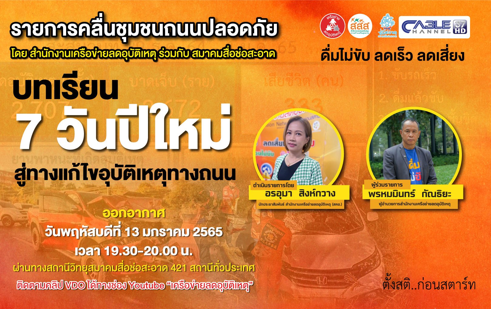 รายการ “คลื่นชุมชนถนนปลอดภัย” วันพฤหัสบดีที่ 13 มกราคม 2565 เวลา 19.30-20.00 น. รายการ “คลื่นชุมชนถนนปลอดภัย” วันพฤหัสบดีที่ 13 มกราคม 2565 เวลา 19.30-20.00 น.