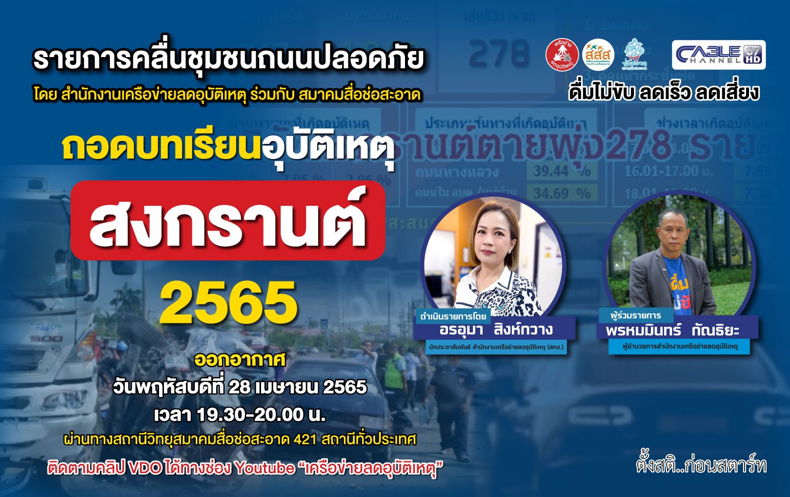 รายการ “คลื่นชุมชนถนนปลอดภัย” วันพฤหัสบดีที่ 28 เมษายน 2565 เวลา 19.30-20.00 น.