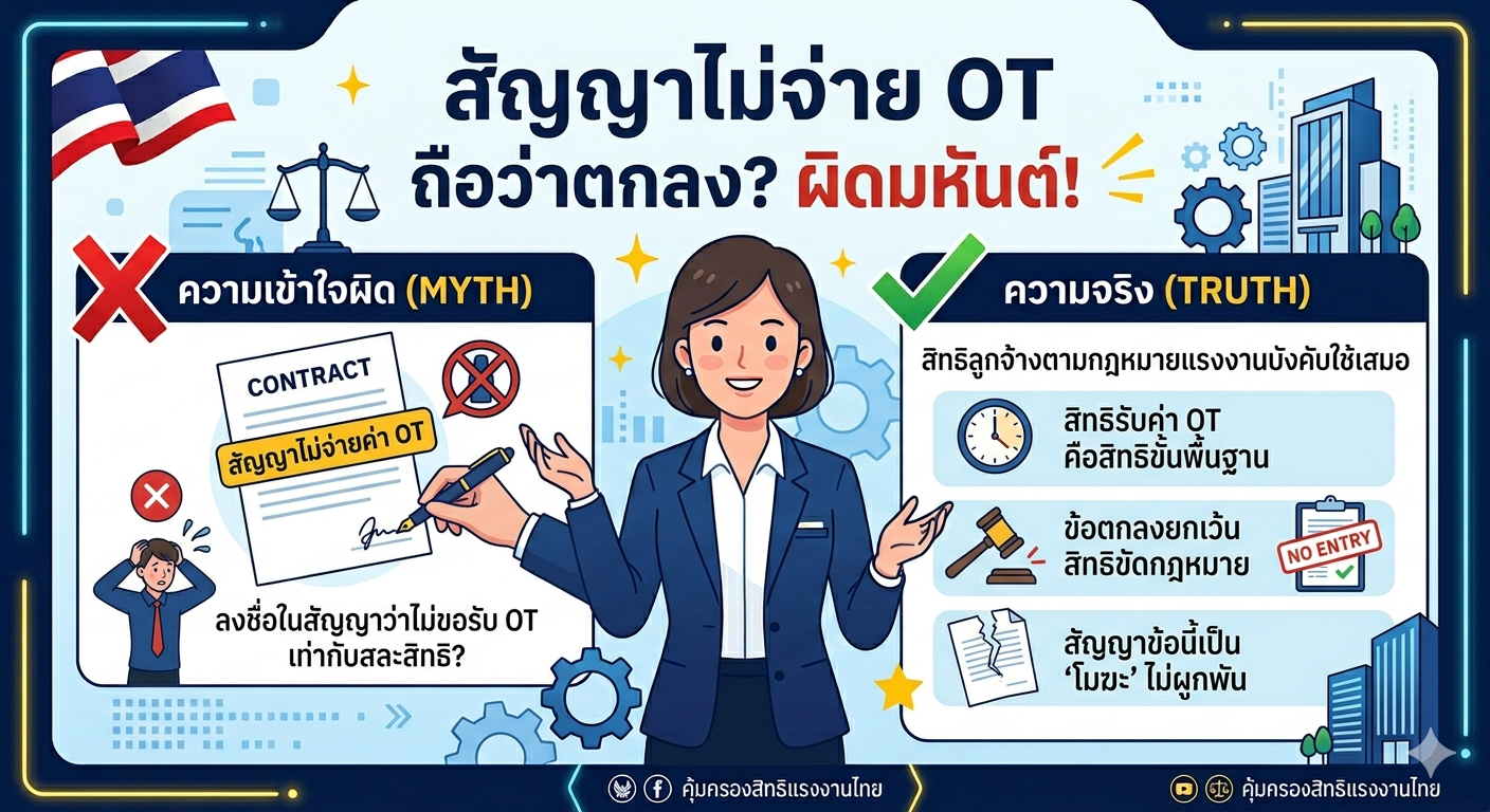 เข้าใจผิดว่า "การที่นายจ้างระบุไว้ในสัญญาว่าไม่จ่ายค่าล่วงเวลา (OT) ก็ถือว่าลูกจ้างตกลง" จริงเหรอ?