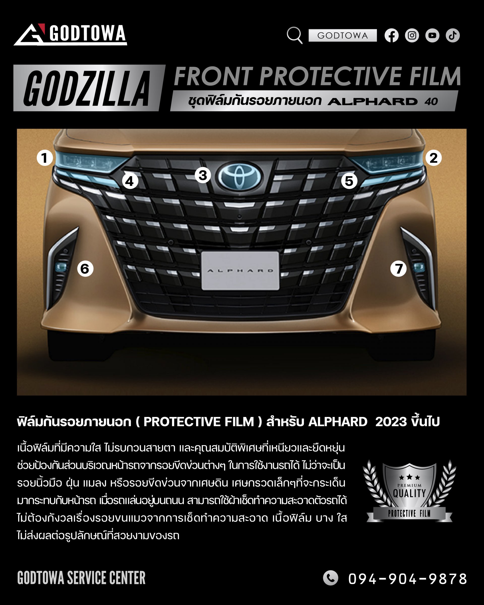 Protection Film ฟิล์มกันรอยชุดหน้า  สำหรับรถยนต์ ALPHARD 40 รุ่นปี 2023 ขึ้นไป