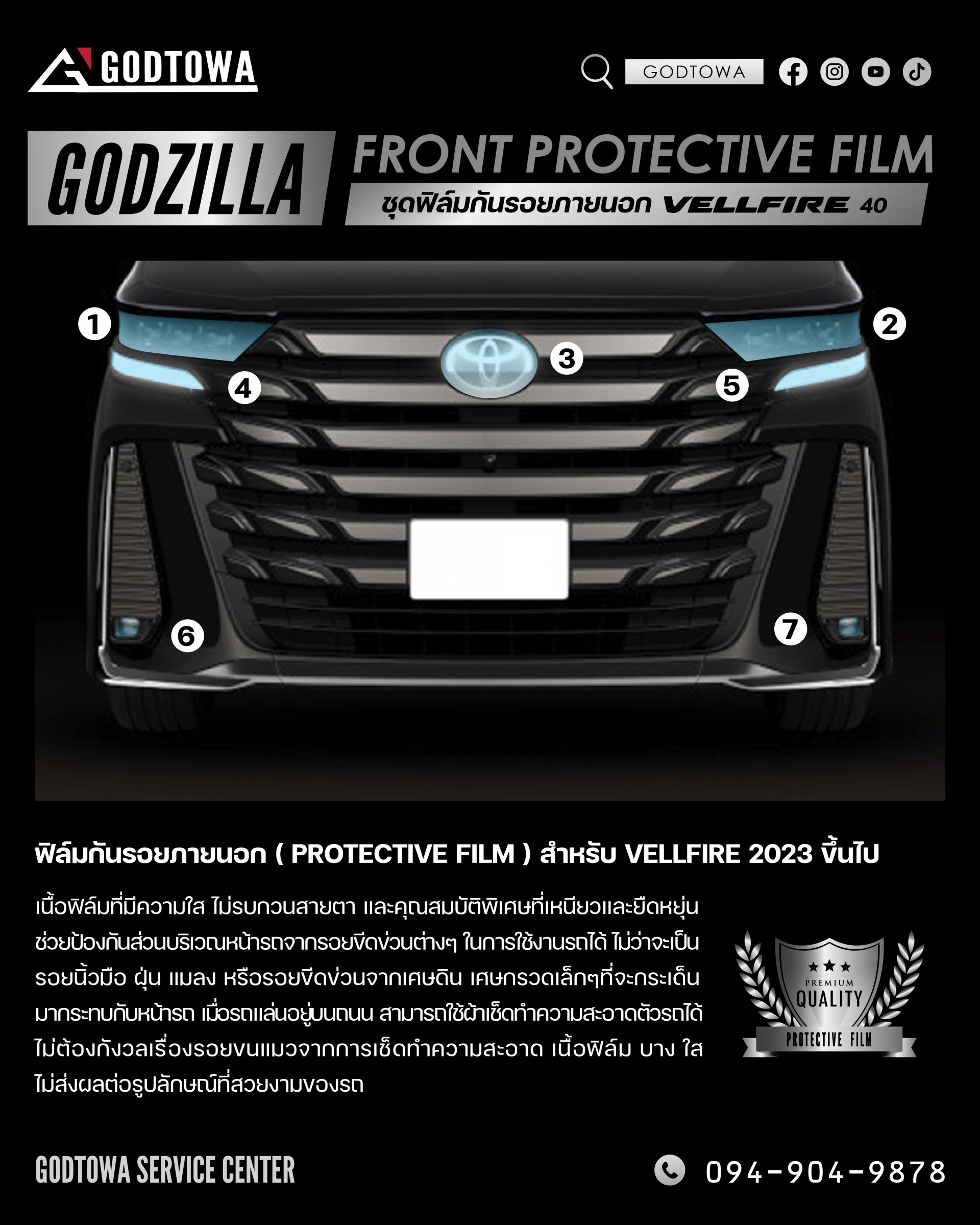 Protection Film ฟิล์มกันรอยชุดหน้า  สำหรับรถยนต์ Vellfire 40 รุ่นปี 2023 ขึ้นไป