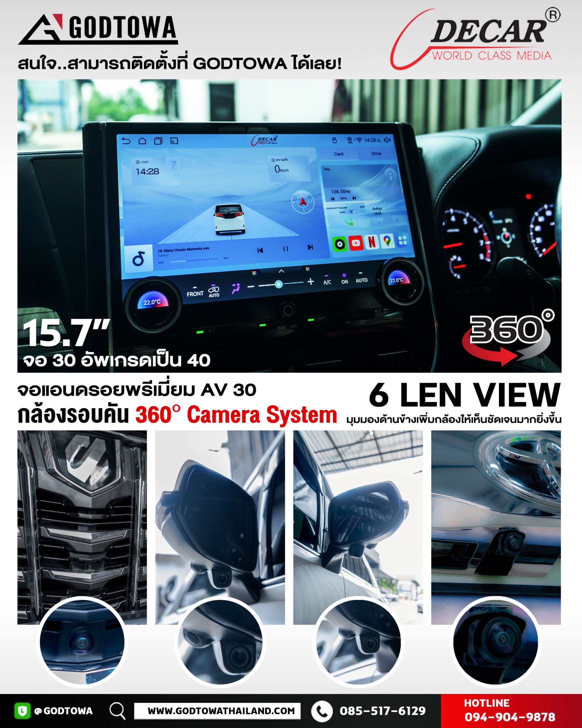 DECAR จอ Android 15.7” สำหรับ Alphard / Vellfire 30 Series พร้อมกล้อง 360 6 LEN