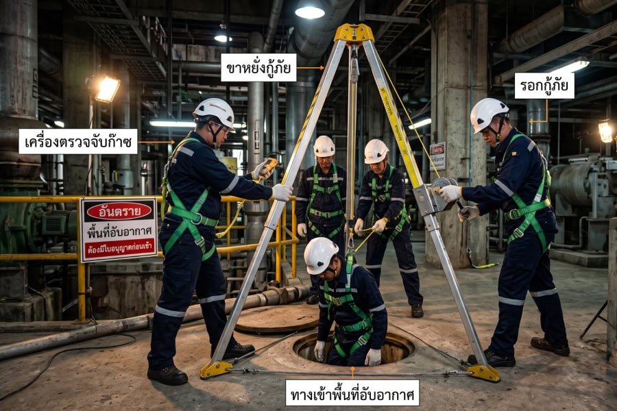การอบรมที่อับอากาศ สำหรับ 4 ผู้ ผู้อนุญาต ผู้ควบคุม ผู้ช่วย ผู้ปฏิบัติ