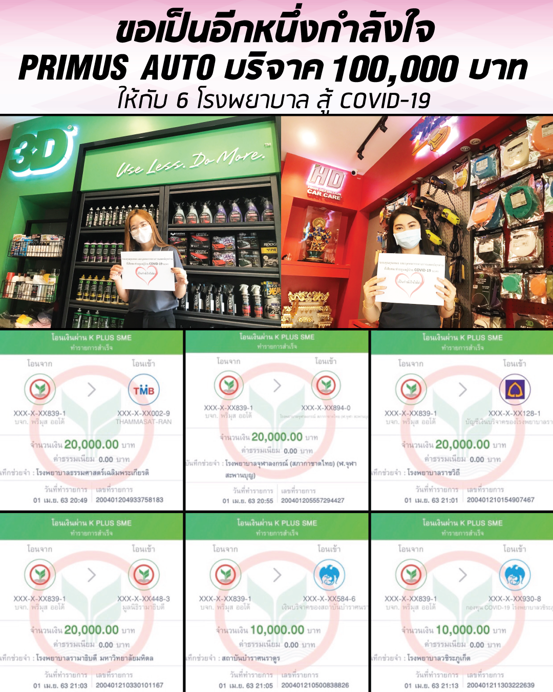 ทาง บริษัท พริมุส ออโต้ จำกัด และ Shine Mate ประเทศไทย ร่วมบริจาคเงิน 100,000 บาท ช่วย 6 โรงพยาบาล PRIMUS AUTO donates funds for medical suppies to 6 hospitals ทาง บริษัท พริมุส ออโต้ จำกัด และ Shine Mate ประเทศไทย ร่วมบริจาคเงิน 100,000 บาท ช่วย 6 โรงพยาบาล PRIMUS AUTO donates funds for medical suppies to 6 hospitals