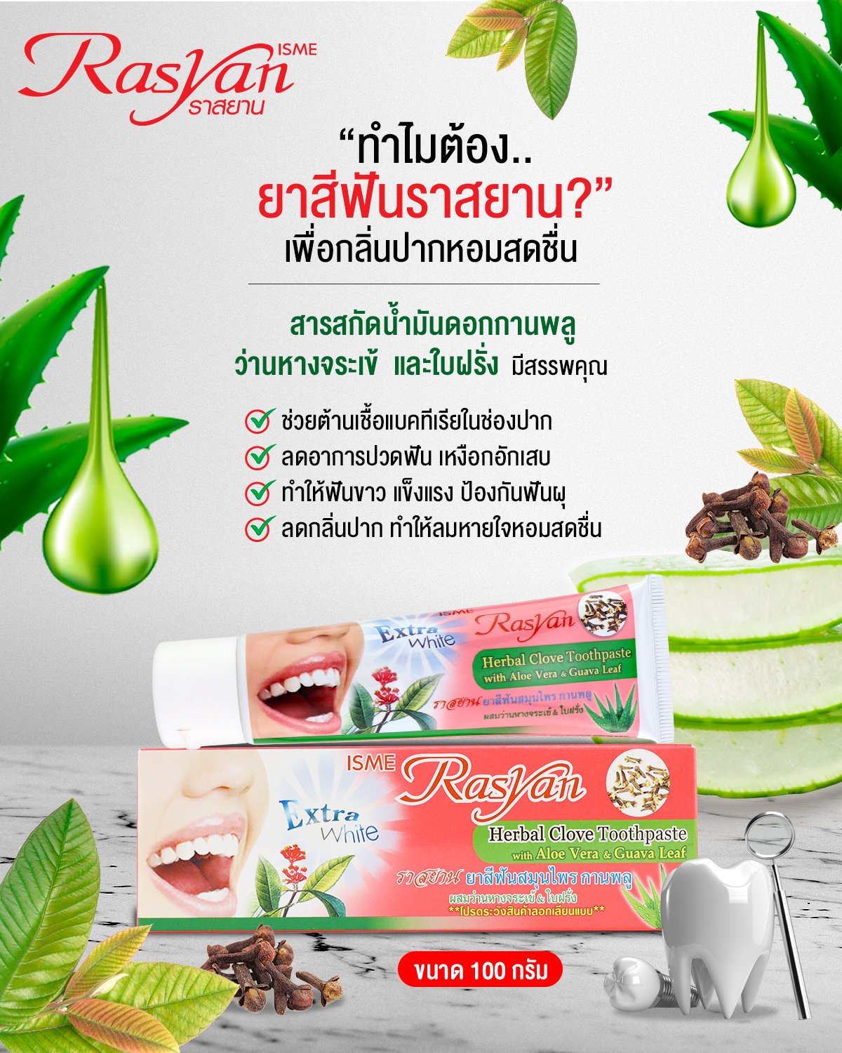 RASYAN Herbal Clove Toothpaste With Aloe Vera & Guava Leaf (100g.) - isme