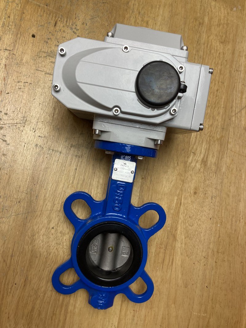 2 นิ้ว วาล์วปีกผีเสื้อ Butterfly valve ประกอบหัวขับวาล์ว AKK05 ขนานแรงบิด 50 นิวตัน-เมตร เปิด-ปิดน้ำไฟฟ้า 220VAC   