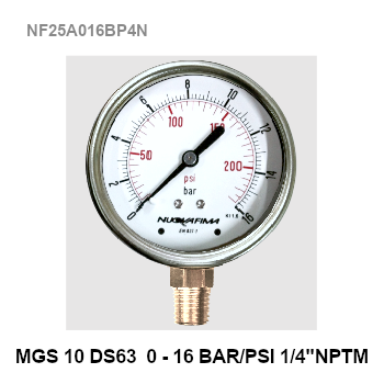 0-16Bar (0-230 PSI) Ø 2.5" Brass Lower NPTM
