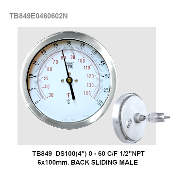 TB849 DS100(4") 0-60 C/F 1/2"NPT 6x100m BACK SLIDING MALE