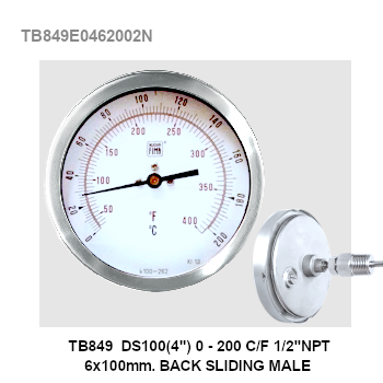 TB849 DS100(4") 0-200 C/F 1/2"NPT 6x100m BACK SLIDING MALE
