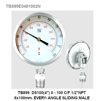 TB899 DS100(4") 0-100 C/F 1/2"NPT 8x100mm EVERY-ANGLE SLIDING MALE