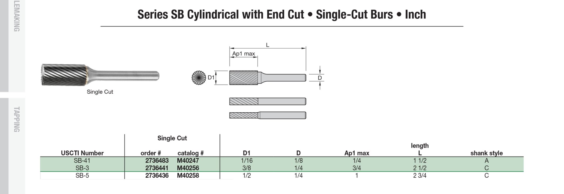 SB Cylindrical with End Cut • Single-Cut Burs • Inch