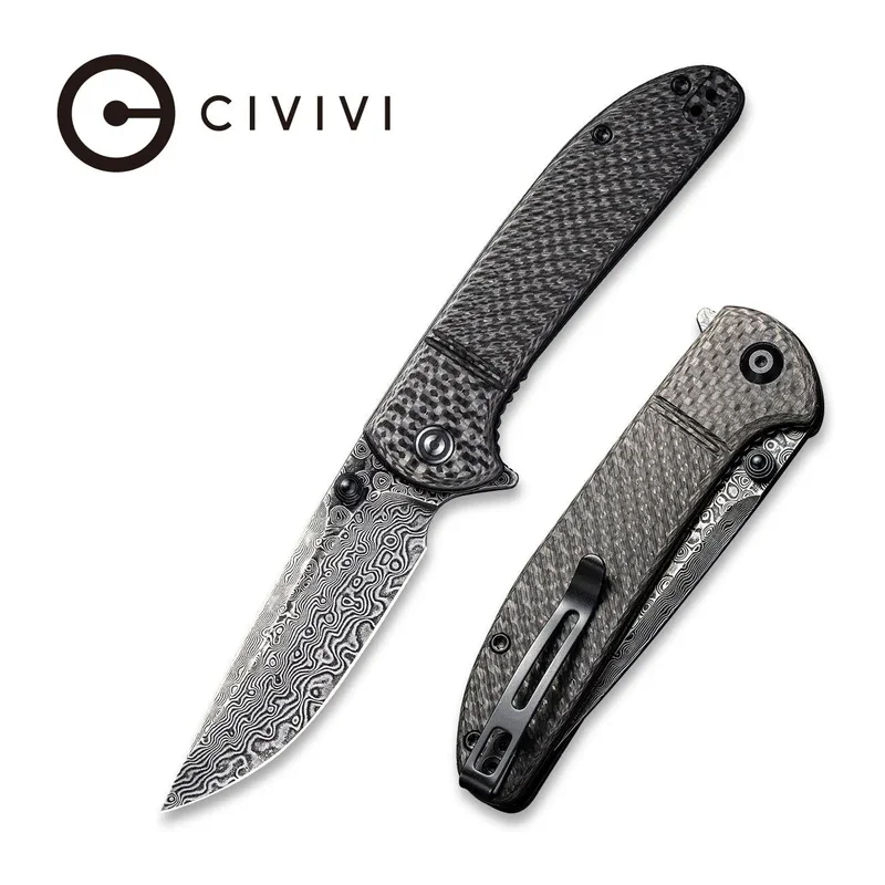 CIVIVI Badlands Vagabond Flipper & Thumb Stud Knife Carbon Fiber Handle (3.25" Damascus Blade) C2019DS-1