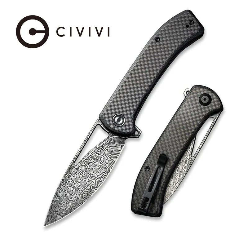 CIVIVI Riffle Flipper Knife Carbon Fiber & G10 Handle (3.46" Damascus Blade) C2024DS-1