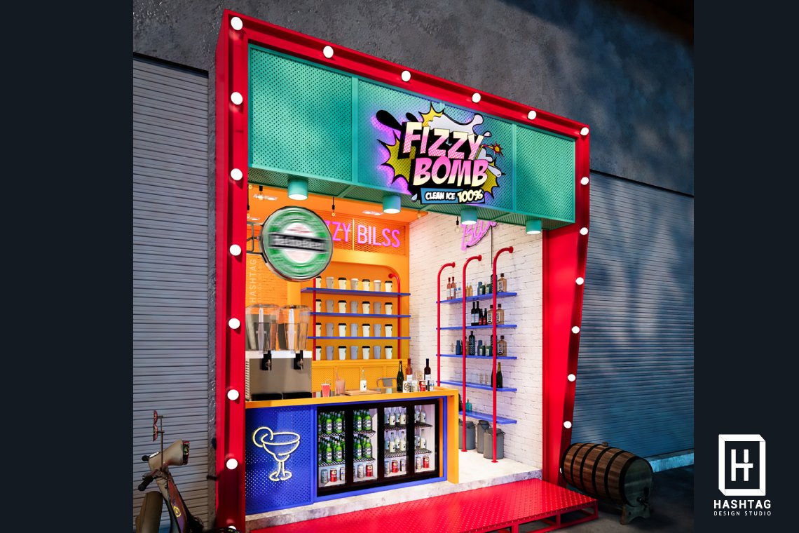 งานออกแบบร้านค้าในตลาดดิวัน รัชดา "Fizzy Bomb"  l บริการออกแบบ ผลิต และติดตั้งครบวงจร