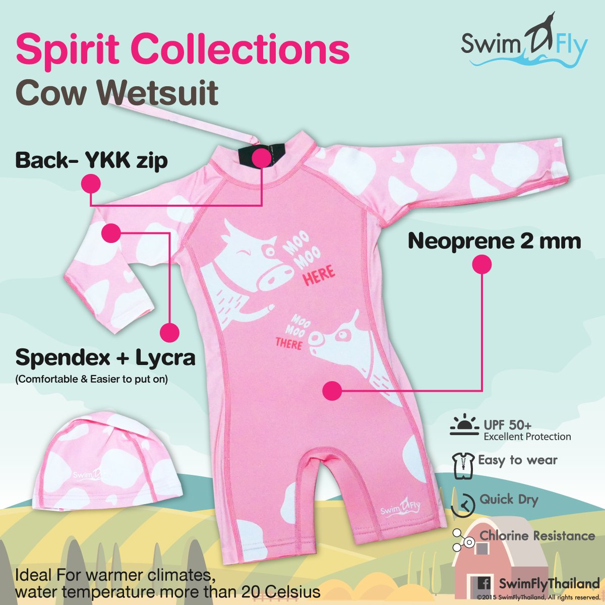 ชุดว่ายน้ำรักษาอุณหภูมิ แบบแขนยาว+หมวกว่ายน้ำลาย Cow/ Pink (Cowgirl)