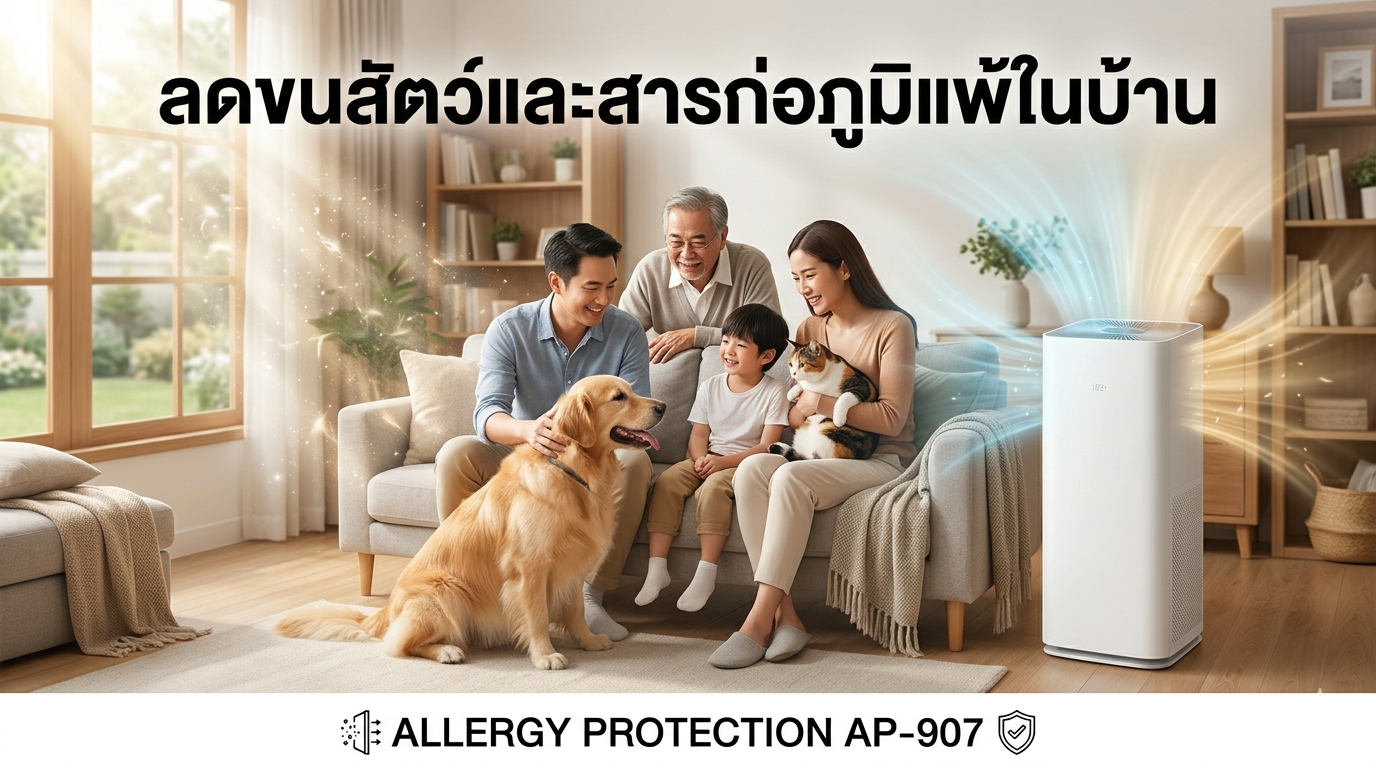 บ้านมีสัตว์เลี้ยง ขนสัตว์และกลิ่นเยอะมาก  ALLERGY PROTECTION AP-907 ช่วยลดได้ใน 1 เครื่อง