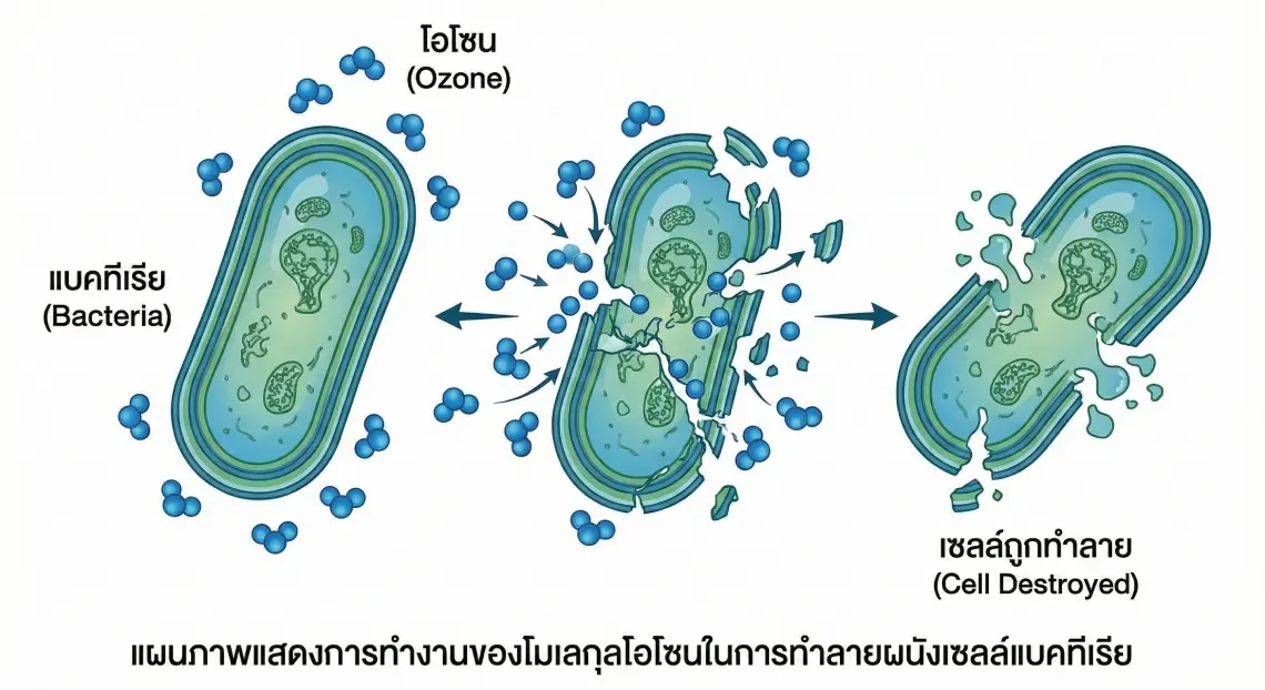 แผนภาพแสดงการทำงานของโมเลกุลโอโซนในการทำลายผนังเซลล์แบคทีเรีย