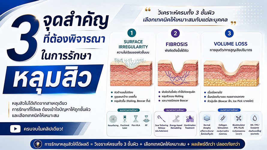 3 จุดสำคัญที่ต้องพิจารณาในการรักษาหลุมสิว: Surface Irregularity, Fibrosis และ Volume Loss