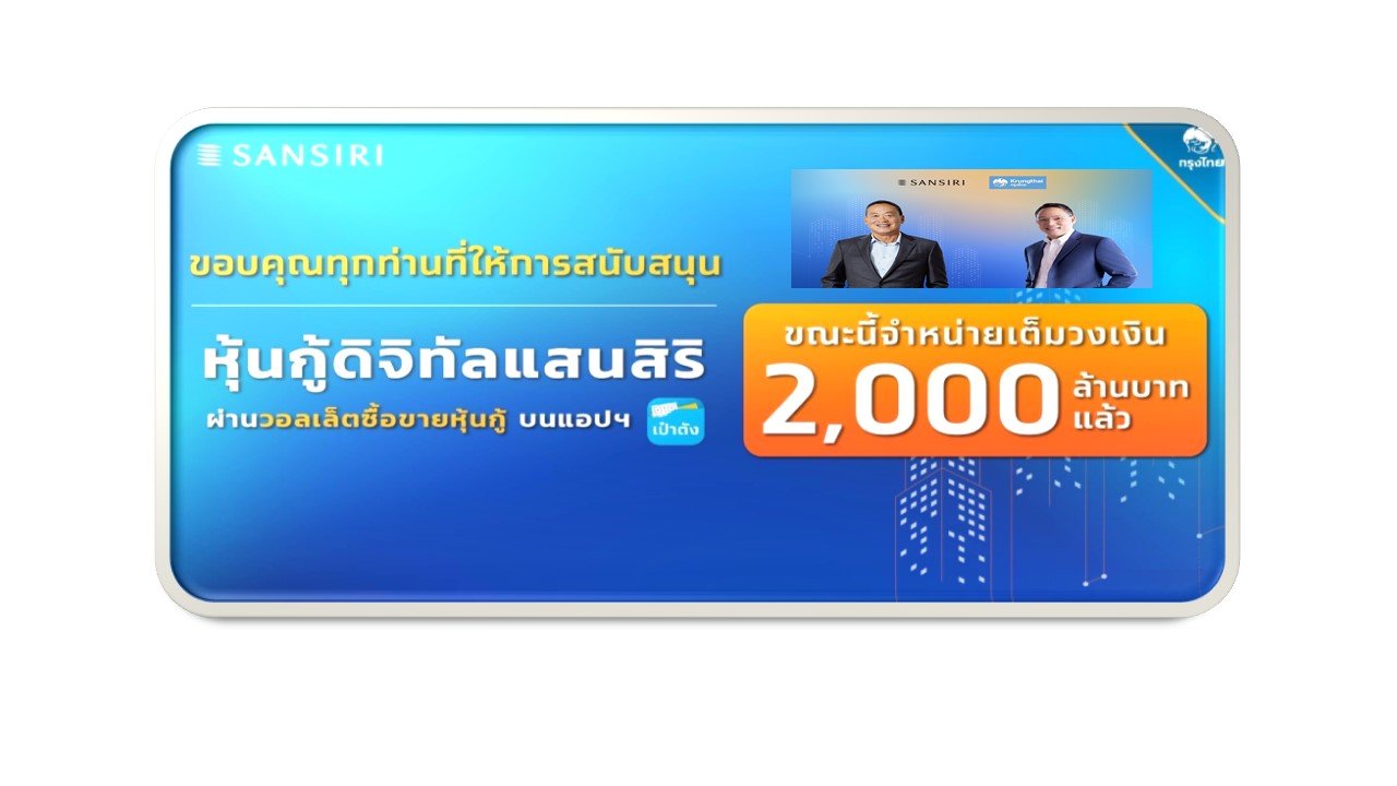 หุ้นกู้ดิจิทัล "แสนสิริ" ขายหมดใน 3 นาที 38 วินาที ผู้สนใจสามารถซื้อขายได้ผ่านแอป "เป๋าตัง" 21 ม.ค. เป็นต้นไป หุ้นกู้ดิจิทัล "แสนสิริ" ขายหมดใน 3 นาที 38 วินาที ผู้สนใจสามารถซื้อขายได้ผ่านแอป "เป๋าตัง" 21 ม.ค. เป็นต้นไป