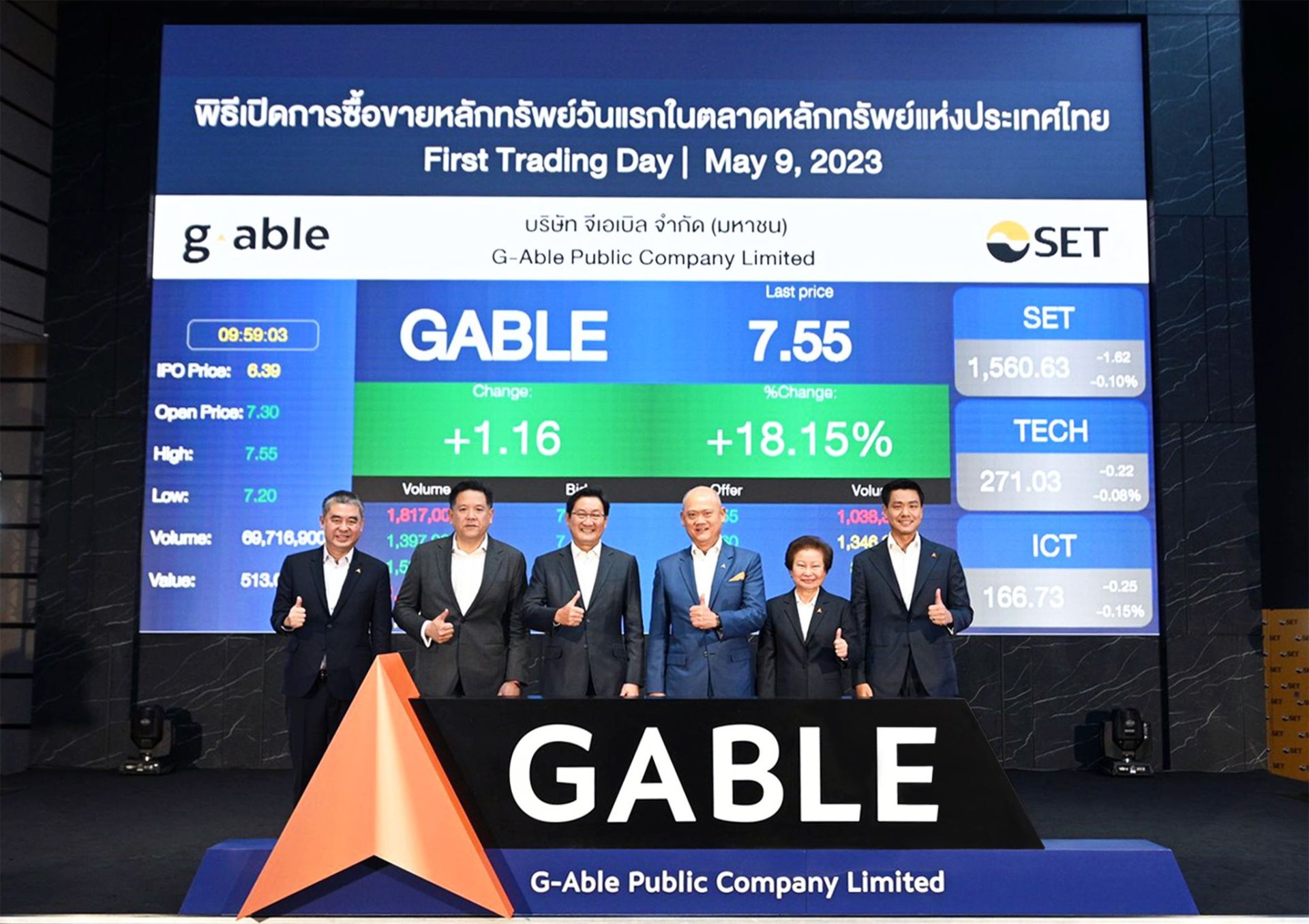 GABLE ฉลองความสำเร็จในการเข้าซื้อขายวันแรกในตลาดหลักทรัพย์ฯ 