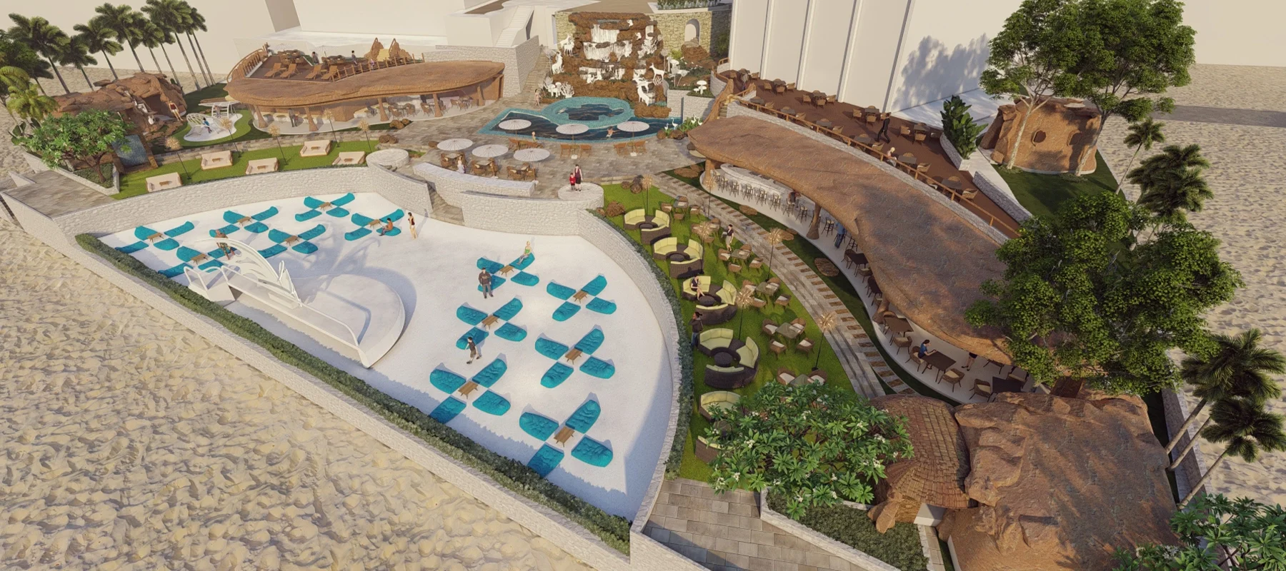 ออกแบบภูมิสถาปัตยกรรมและอาคาร บาร์และร้านอาหารริมหาด พัทยา ชลบุรี เน้นพื้นที่พักผ่อนกลางแจ้ง