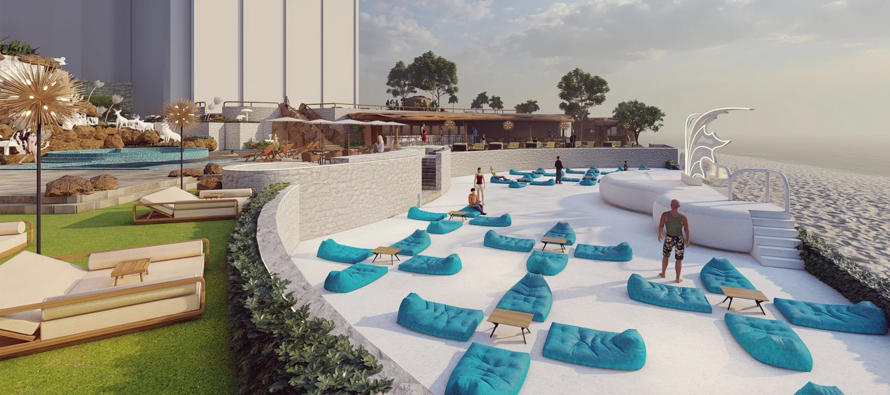 พื้นที่พักผ่อน Sunbed และโซฟาบีนแบ็ก ริมหาด ออกแบบร้านอาหารติดทะเล สไตล์เมดิเตอร์เรเนียน