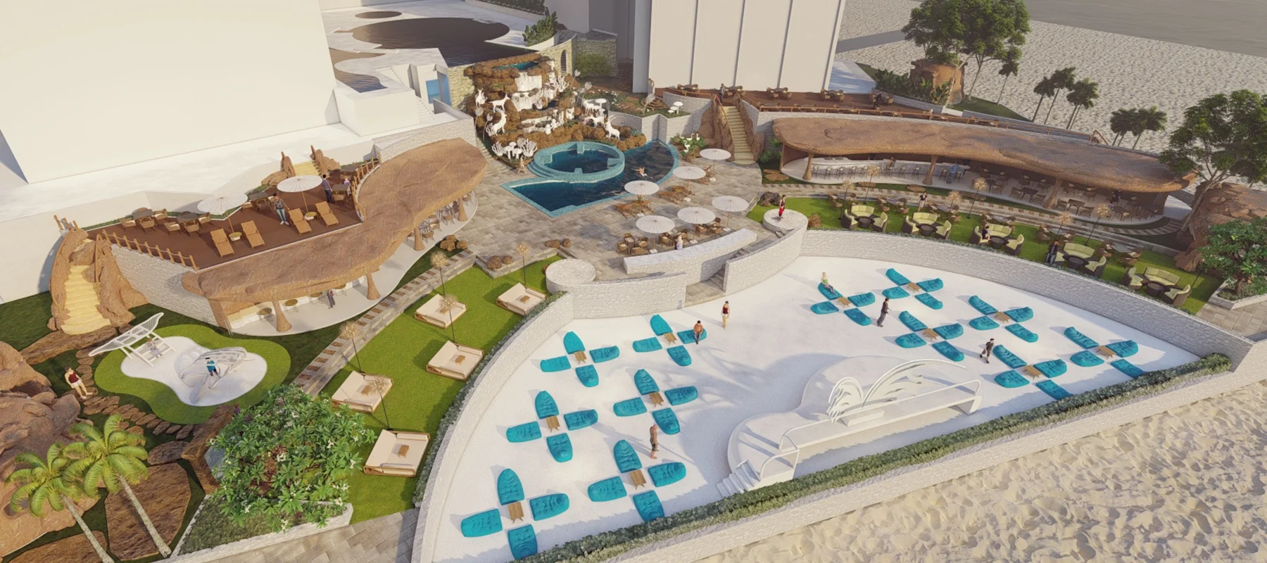 ออกแบบภูมิสถาปัตยกรรม น้ำตก และอาคารบาร์ สไตล์ถ้ำ ริมชายหาด พัทยา