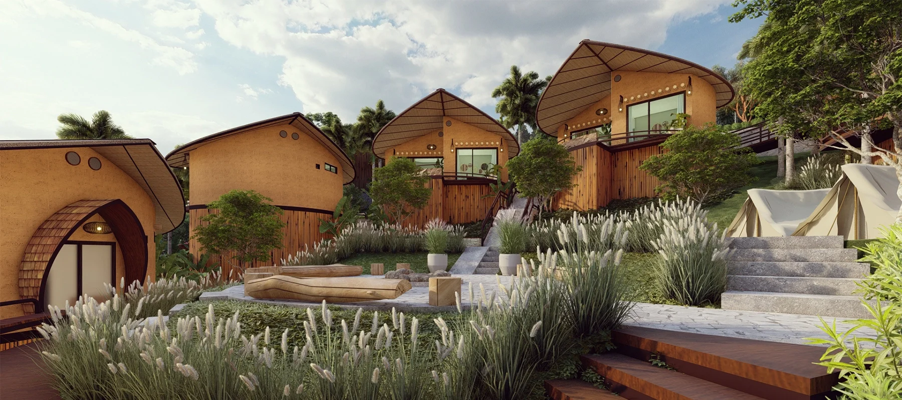 ออกแบบภูมิสถาปัตยกรรม ลานแคมป์ปิ้งและบ้านพักรีสอร์ท ทรงกลม หลังคาจั่ว สไตล์ธรรมชาติ กลมกลืนภูเขา