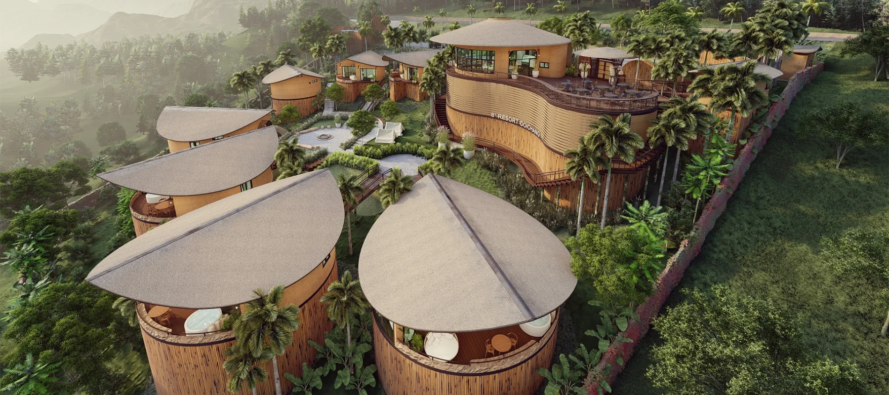 ออกแบบสถาปัตยกรรมรีสอร์ทและคาเฟ่บนเนินเขา อาคารทรงกลม หลังคาทรงใบไม้ สไตล์ธรรมชาติ ระเบียงชมวิว
