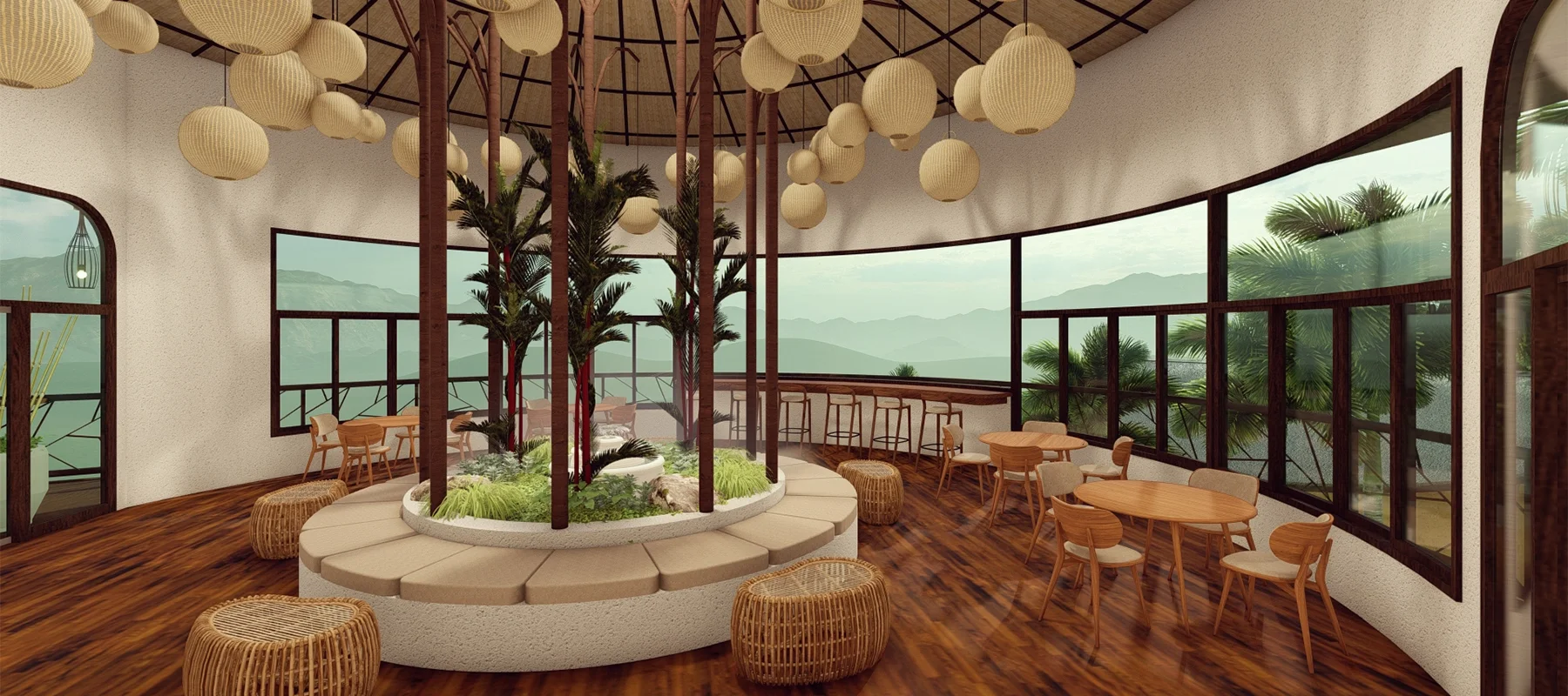 ออกแบบตกแต่งภายในคาเฟ่ สไตล์ทรอปิคอล เน้นไม้และโคมไฟหวาย สวนกลางอาคาร กระจกบานใหญ่ วิวธรรมชาติ