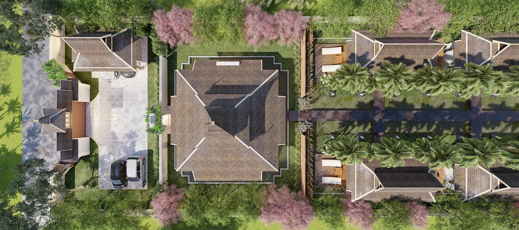 ออกแบบภูมิทัศน์บ้านพักตากอากาศ สไตล์ไทยประยุกต์ ภาพมุมสูง วางผังอาคารและสวนเขตร้อนพร้อมลานจอดรถ