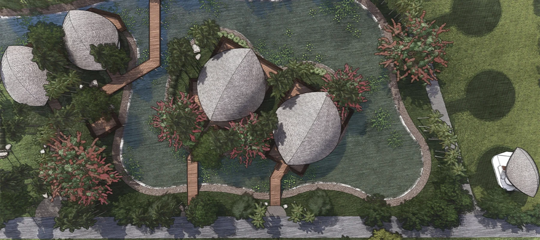 ออกแบบภูมิทัศน์และวางผังบ้านพักตากอากาศหลังคาทรงใบไม้ จัดวางรอบบ่อน้ำ มีทางเดินไม้เชื่อมต่อ สไตล์ธรรมชาติ