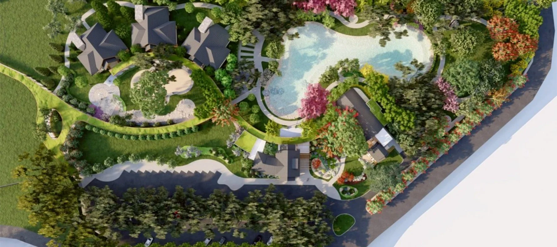 Landscape master plan design for an international school, highlighting outdoor activity areas, gardens, and a feature pool.